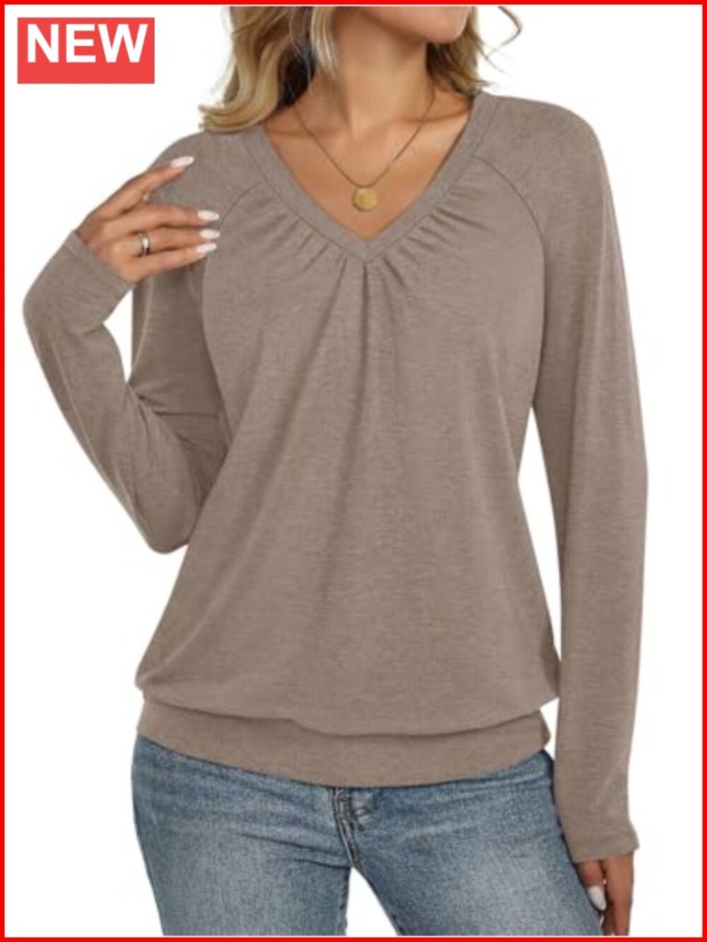 Womens V Neck Long Sleeve Pleated Top Banded Hem Loose Fit Casual Blouse